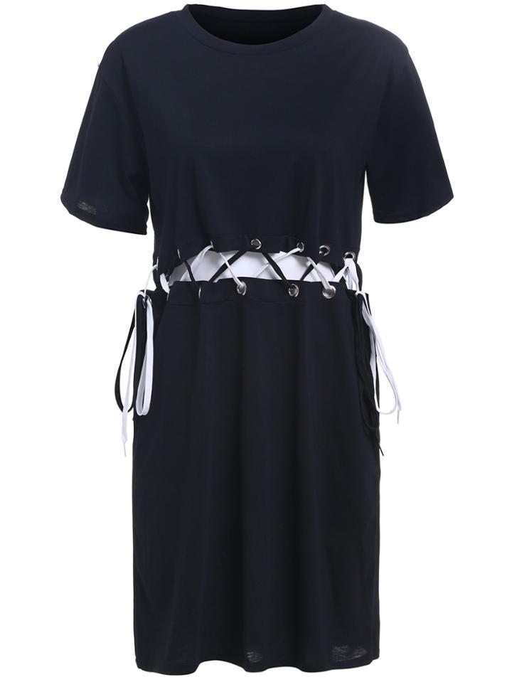 Romwe Short Sleeve Lace Up Hollow Shift Dress