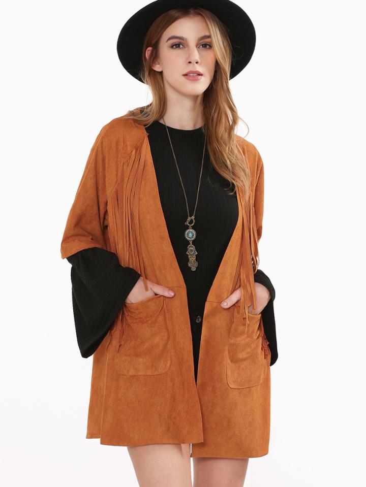 Romwe Camel Suede Half Sleeve Fringe Coat