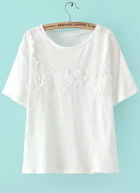 Romwe Contrast Lace White T-shirt