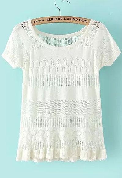 Romwe Short Sleeve Crochet Hollow White Sweater
