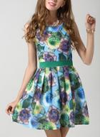 Romwe Round Neck Vases Print Pleated Dress