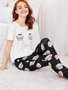 Romwe Allover Dog Print Tee And Pants Pj Set