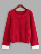 Romwe Contrast Cuff Split Back Sweater