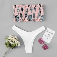 Romwe Mix And Match Shirred Tropical Bikini Set