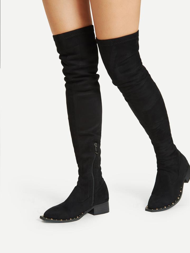 Romwe Almond Toe Over Knee Block Heeled Boots