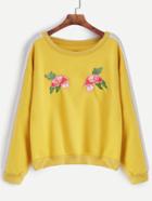 Romwe Yellow Contrast Panel Flower Embroidered Sweatshirt