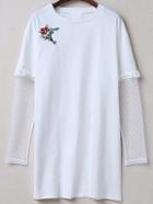Romwe White Embroidery Contrast Mesh Sleeve Dress