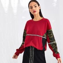 Romwe Camo Panel Letter Tape Drop Shoulder Sweatshirt