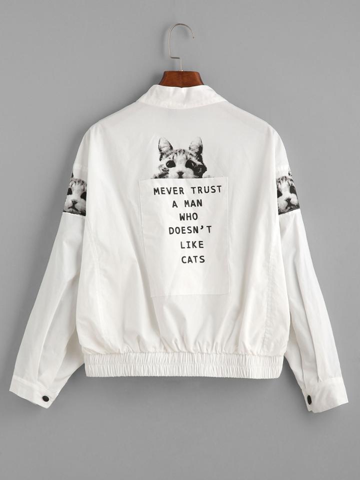 Romwe White Cat And Letter Print Pocket Back Jacket