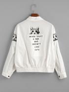 Romwe White Cat And Letter Print Pocket Back Jacket