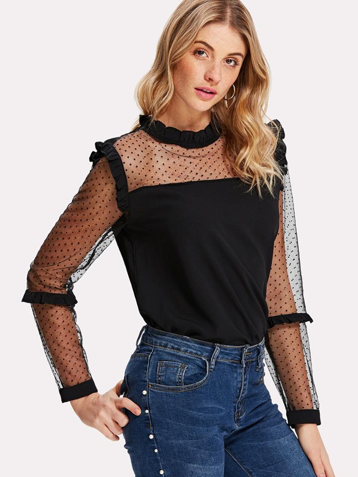 Romwe Dot Mesh Panel Frilled Detail Blouse