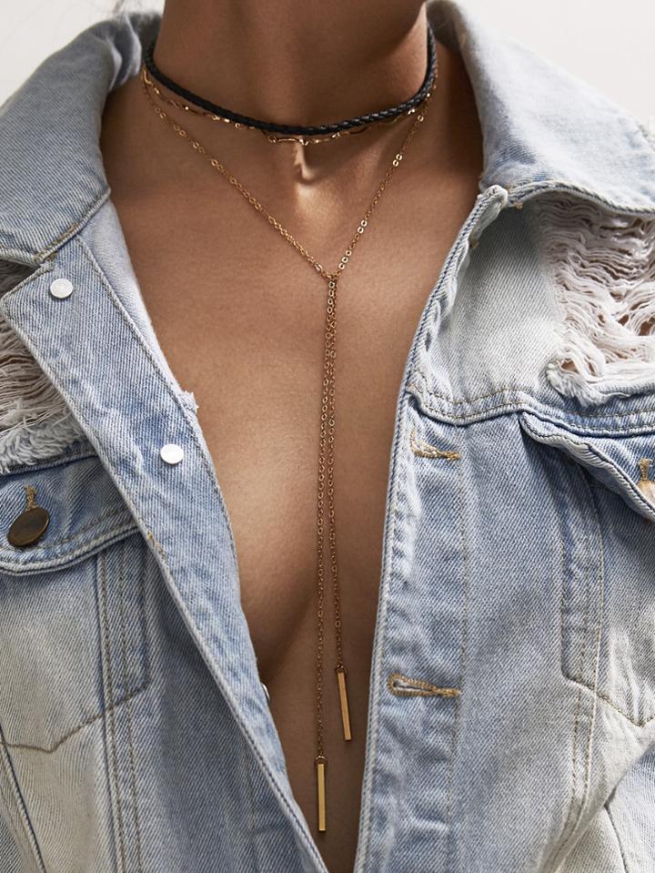 Romwe Bar Pendant Link Necklace With Choker