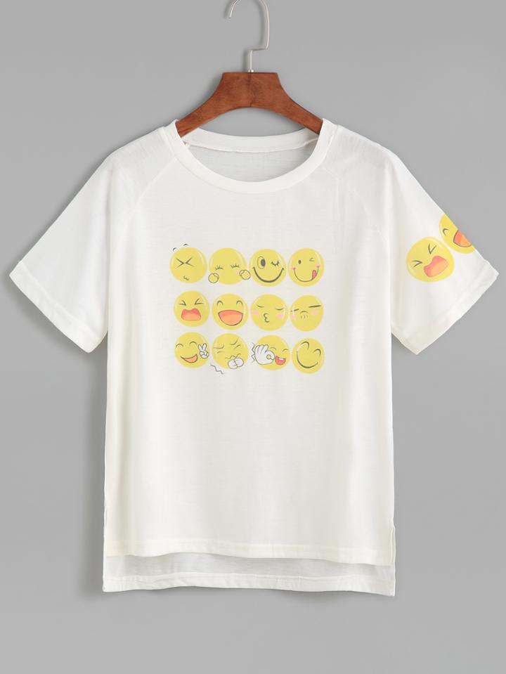 Romwe White Emoji Print High Low T-shirt
