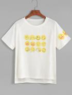 Romwe White Emoji Print High Low T-shirt