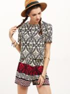 Romwe Vintage Print Crop Blouse With Shorts