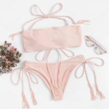 Romwe Tassel Lace-up Top With Tie Side Bikini