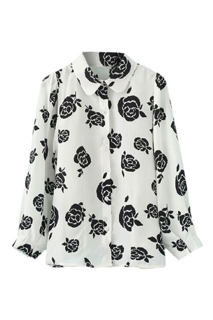 Romwe Rose Print White Shirt