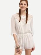 Romwe White Crochet Insert V Back Drawstring Romper