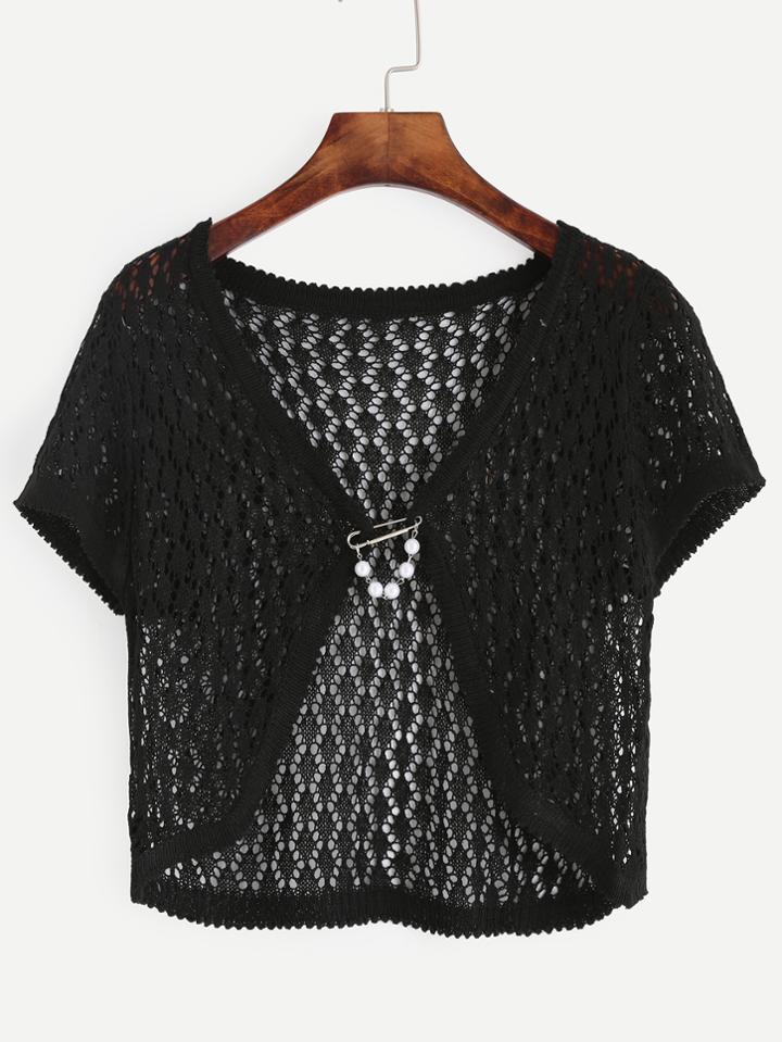 Romwe Black Short Sleeve Eyelet Sweater Cardigan
