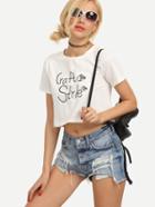 Romwe Letter & Fish Embroidered Crop T-shirt - White