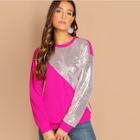 Romwe Neon Pink Sequin Patched Cut-and-sew Pullover