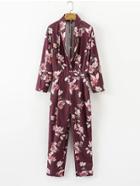 Romwe Plunge Neckline Floral Jumpsuit