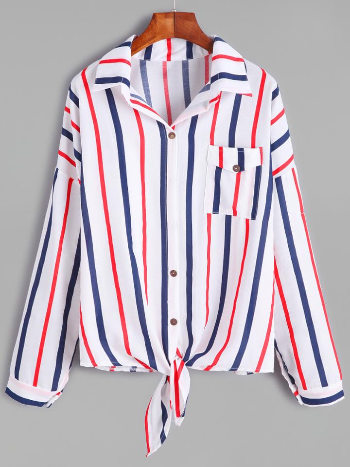 Romwe Vertical Striped Drop Shoulder Knotted Hem Shirt