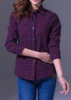 Romwe Vintage Plaid Pockets Blue And Red Blouse