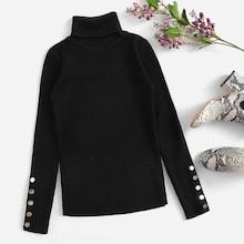 Romwe Button Detail Ribbed High Neck Jumper