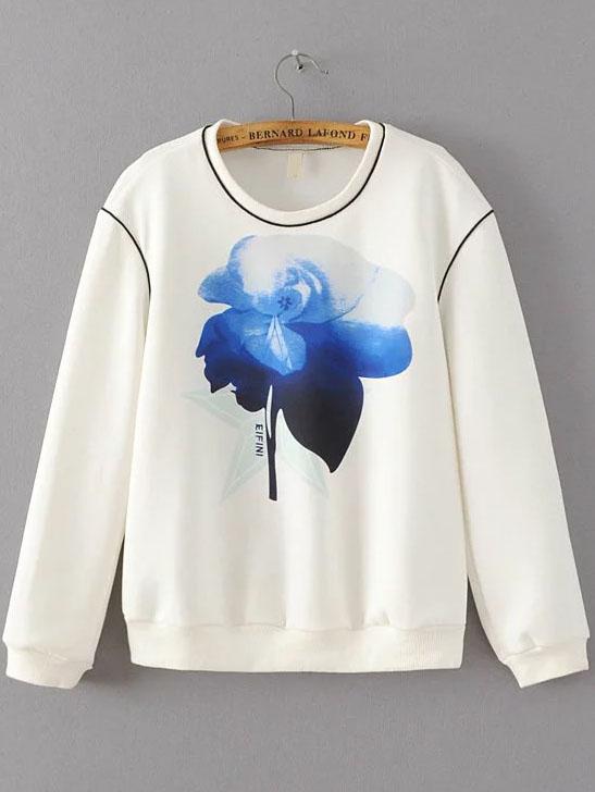 Romwe White Floral Print Round Neck Sweatshirt