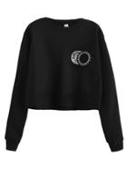 Romwe Black Sun And Moon Print Crop Sweatshirt