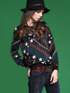 Romwe Long Sleeve Stars Print Green T-shirt