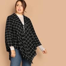 Romwe Plus Frayed Edge Grid Cape Coat