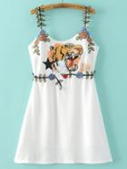 Romwe White Spaghetti Strap Tiger Embroidery Dress
