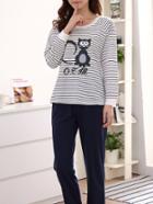 Romwe Cat Print Striped Pullover & Pants Pj Set