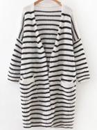 Romwe White Striped Drop Shoulder Pocket Long Cardigan