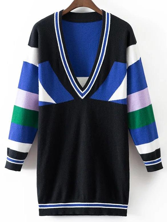 Romwe Multicolor V Neck Stripe Trim Sweater
