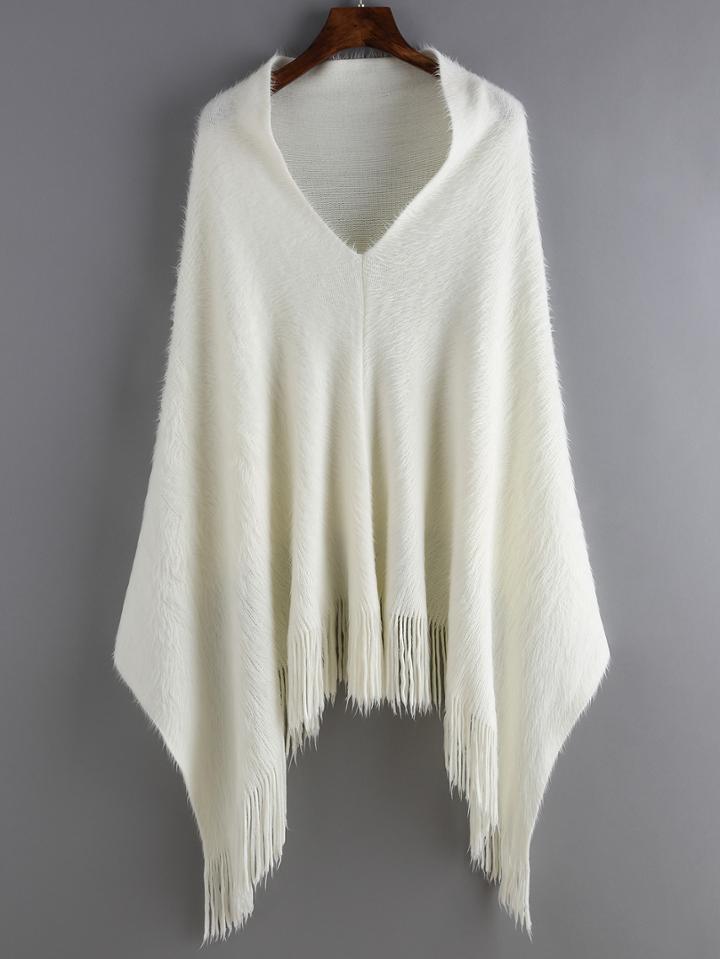 Romwe V Neck Fringe White Poncho