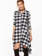 Romwe Black White Plaid Dip Hem Pocket Shirt Dress