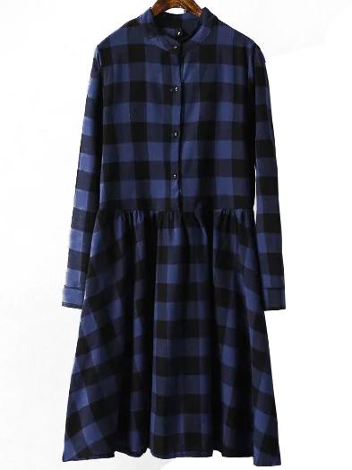 Romwe Plaid Pleated Blue Shirt Dress