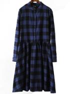 Romwe Plaid Pleated Blue Shirt Dress