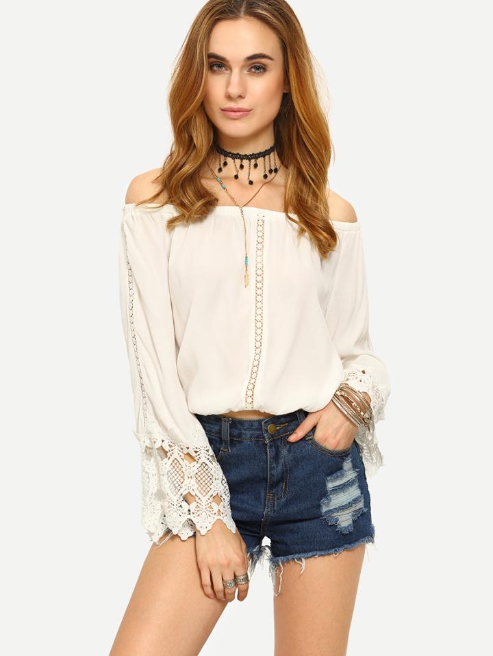 Romwe Lace Insert Off-the-shoulder Blouse - White