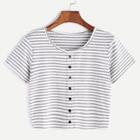Romwe Button Through Striped Crop T-shirt