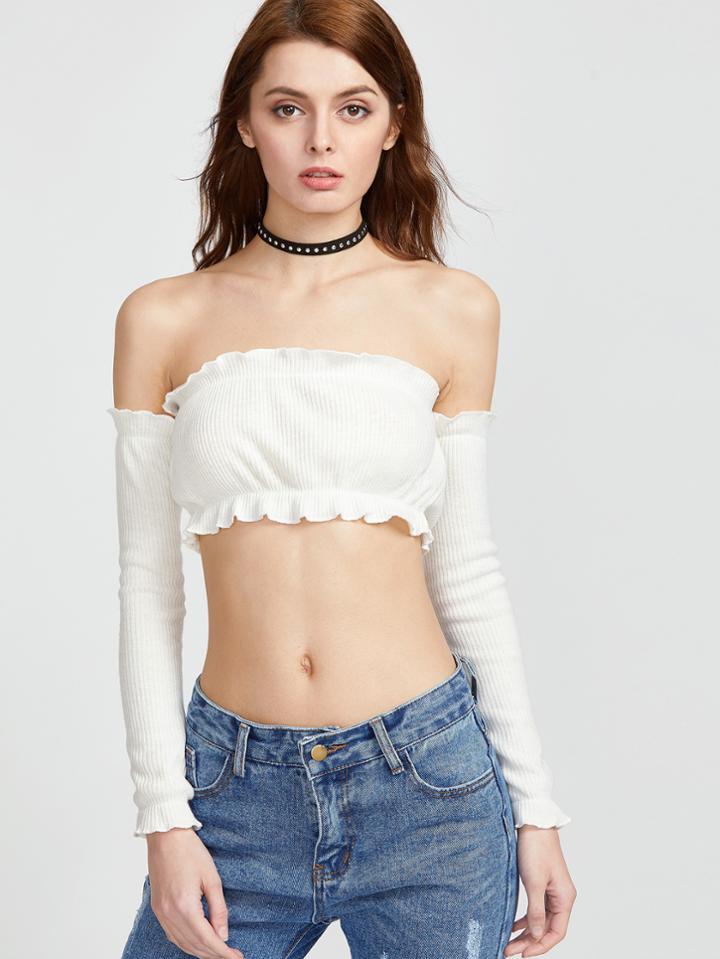 Romwe Ruffle Trim Long Sleeve Knitted Tube Top