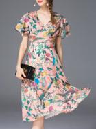 Romwe Pink V Neck Tie-waist Print Dress