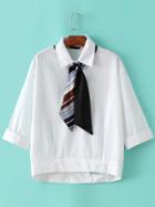 Romwe White Lapel High Low Blouse With Tie