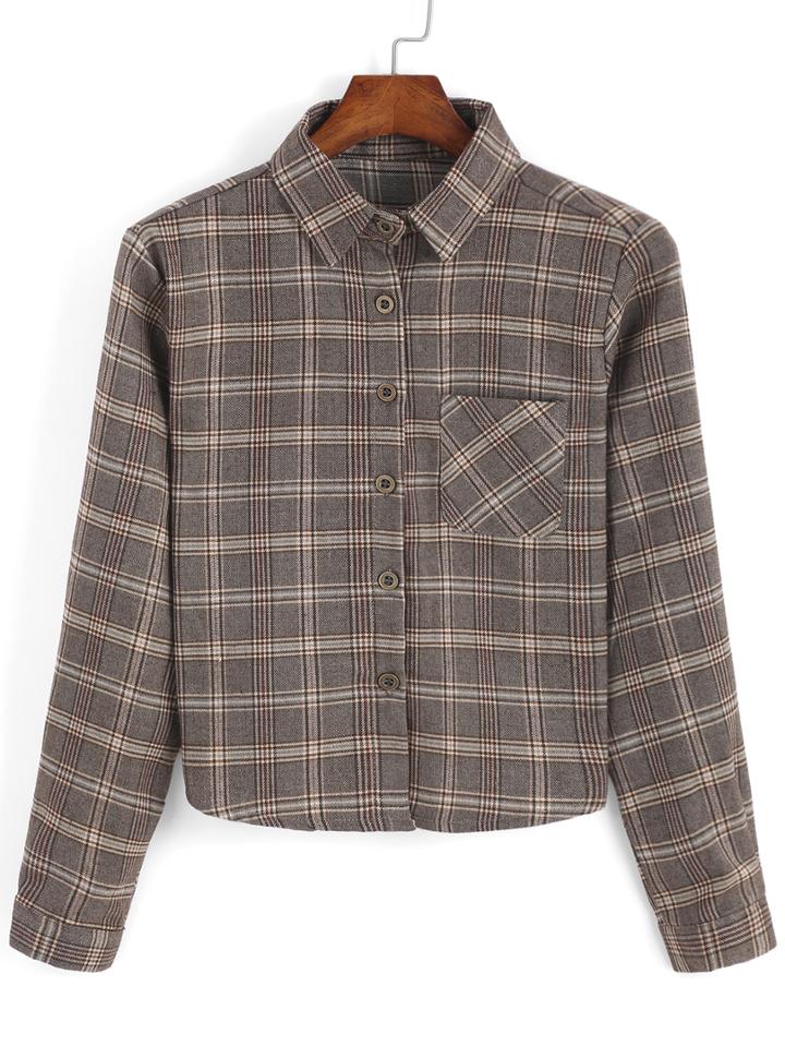Romwe Lapel Checkered Pocket Khaki Blouse