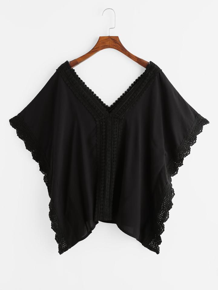 Romwe Double V Crochet Lace Trim Cape Blouse