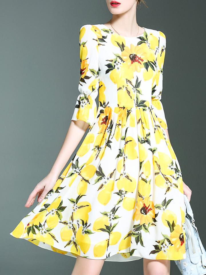 Romwe White Bell Sleeve Lemons Print Dress