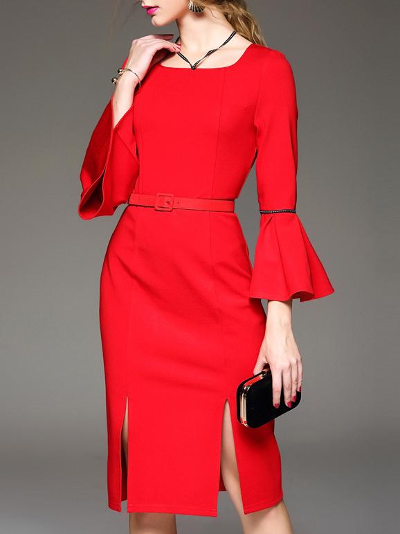 Romwe Red Bell Sleeve Belted Split Shift Dress